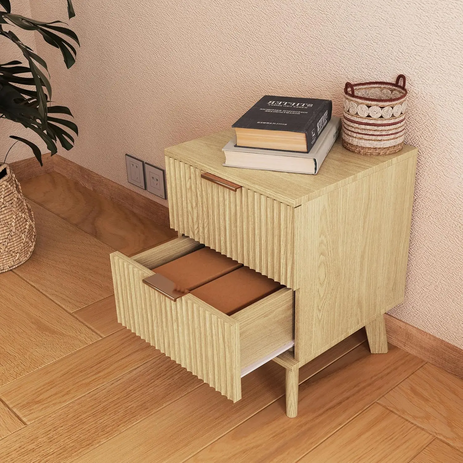 Modern Century Nightstand, 4 gavetas cômoda para quarto, Pequena cômoda, Mesa lateral com gaveta de madeira canelada