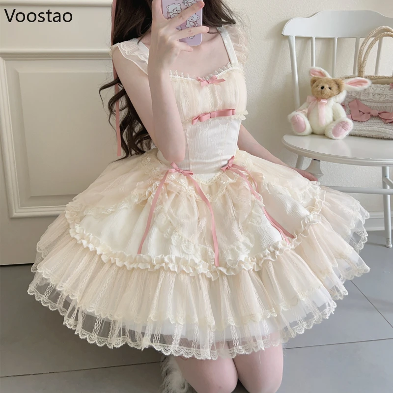 Süße elegante Lolita Jsk Kleid Frauen Kawaii Bogen Spitze Rüschen Mesh ärmellose Prinzessin Party Kleider Mädchen Ballett Stil Mini kleid