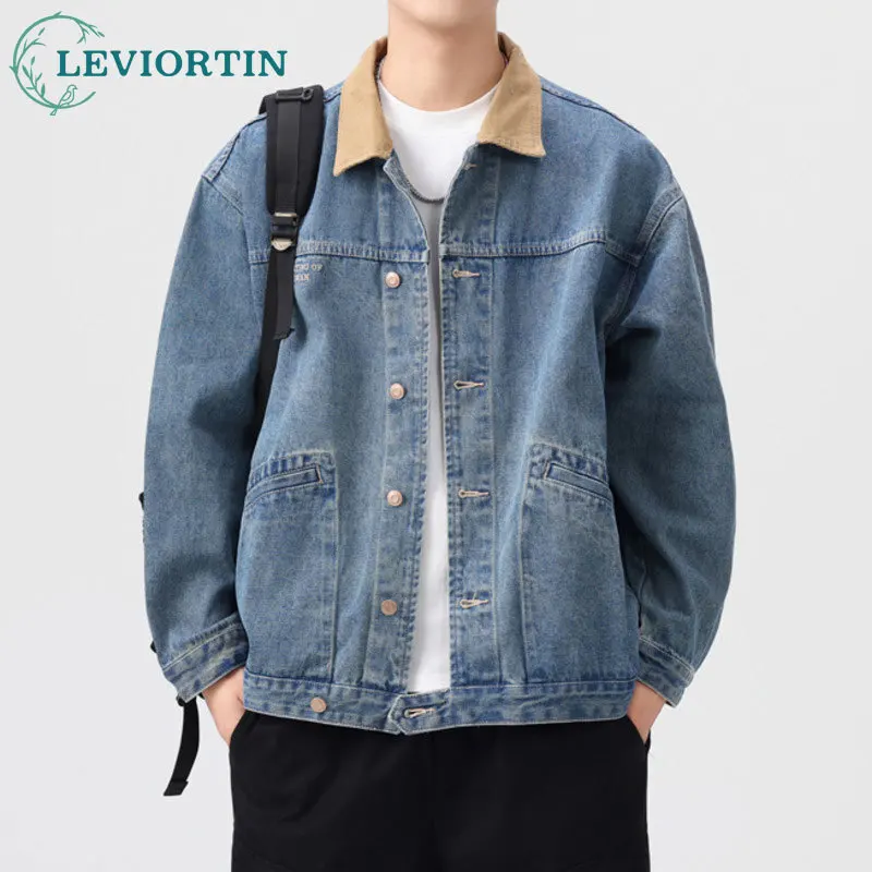 

Модная джинсовая куртка в японском и американском стиле ретро с трехмерным дизайном с накладными карманами для мужской повседневной свободной куртки