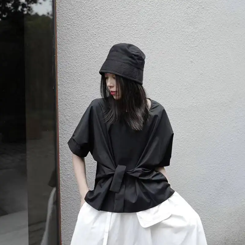 

Ladies Short Sleeve Shirt Personality a Variety Of Wear Method Fashion Strap Casual Loose Large Size Short Sleeve Shirt
