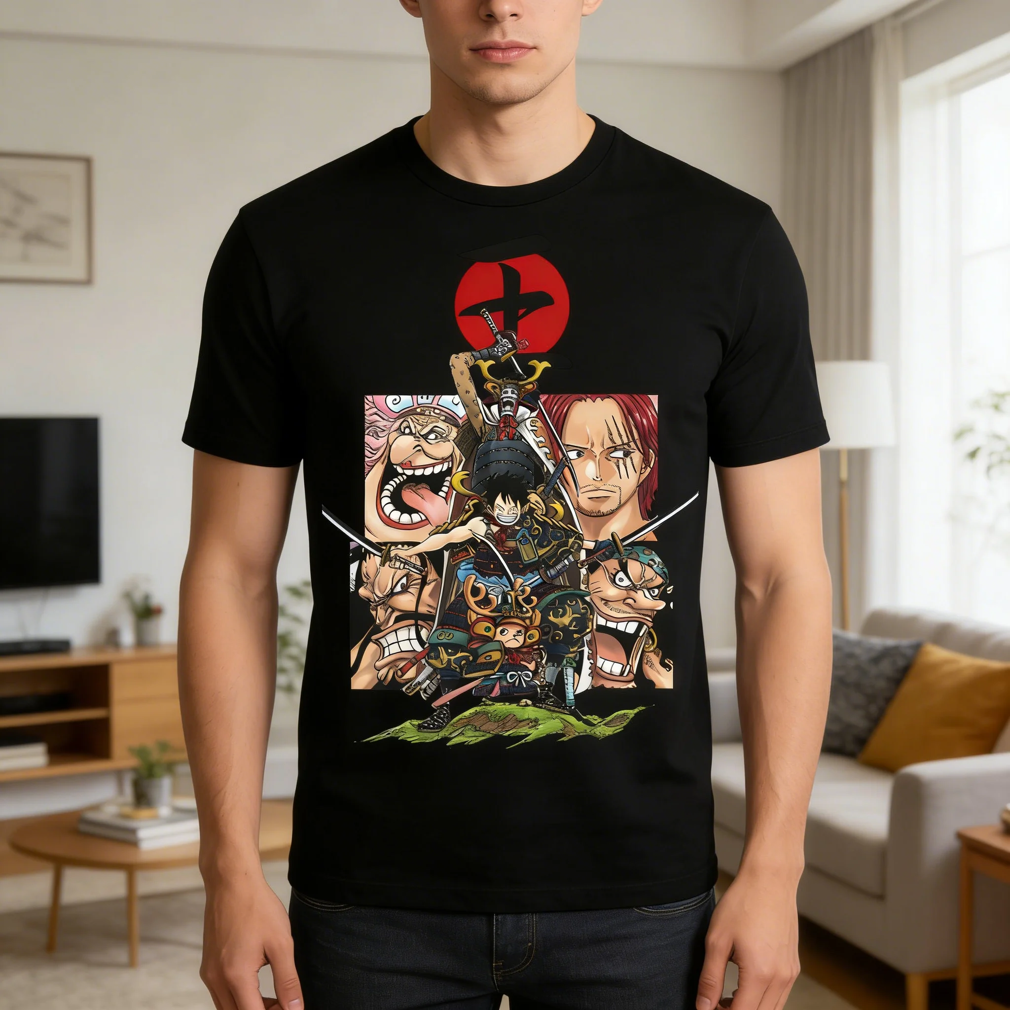 

Men's One Piece Anime T-Shirt Luffy Shanks Character Crew Emblem Black Cotton Tee for Casual Otaku Daily Campus Home Wear