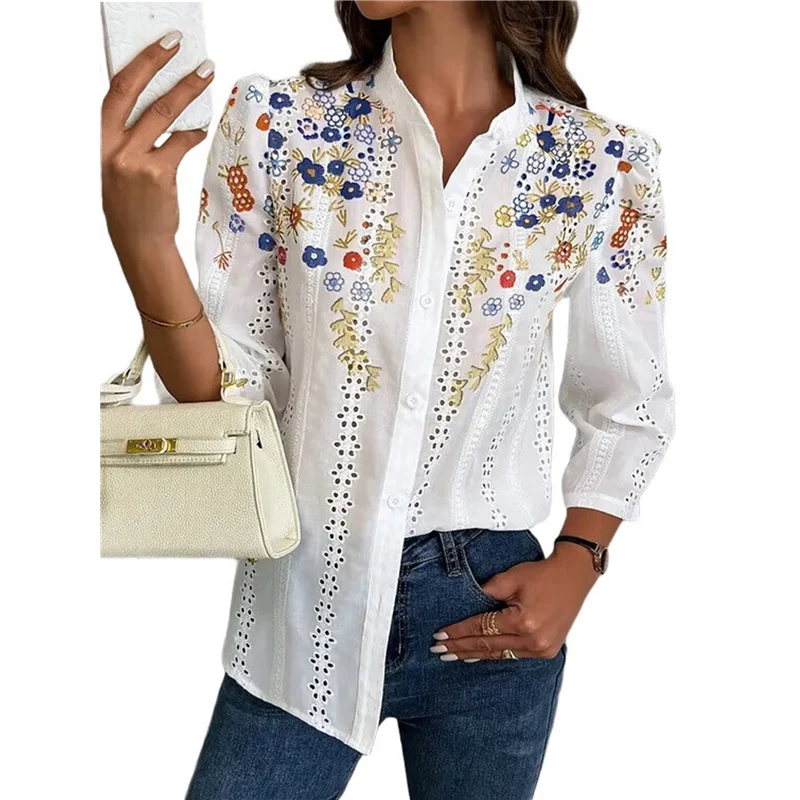

ABRT-Women's Floral Eyelet Embroidery Band Collared 3/4 Puff Sleeve Blouses Button Down Casual Shirts