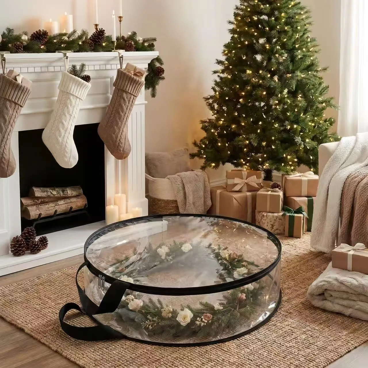 Transparent Christmas Wreath Storage Bag,Large Capacity Dust-proof and Moisture-proof Holiday Wreath Storage Bag,with PVC Handle view 5