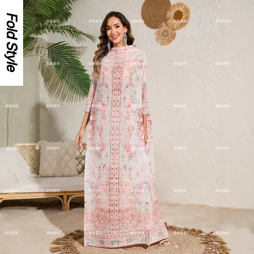 

2025 Robe Loose Women's Clothing Miyake Pleated Printed Long-sleeved Dress Casual Temperament Loose and Elegant Long Dress