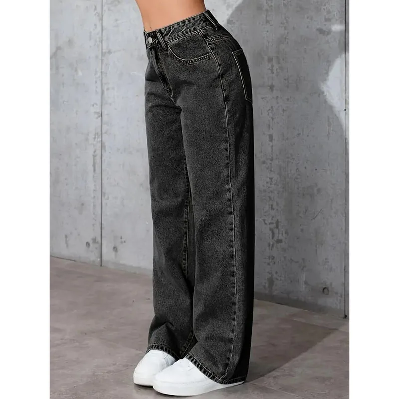 Hot Sale Lady Classic Black Wide Leg Jeans Girls High Waist Comfy Denim Trousers Lady Fashion Baggy Versatile Pants