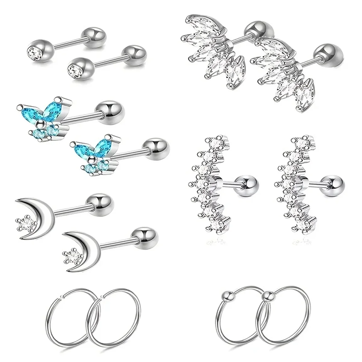 2/14 Pcs Hypoallergenic Butterfly Moon Cartilage Earring Studs,Tragus Conch Piercing Jewelry Daith Helix Conch Hoop Earrings