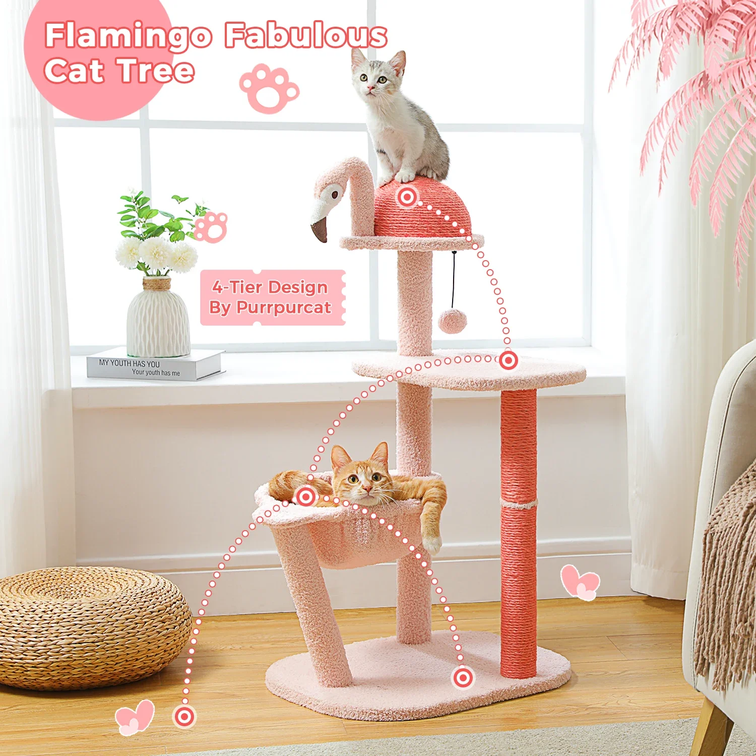 

Cute Cat Tree Flamingo Pink Tower with Sisal Scratching Posts and Perch Hammock and Kittens Scratcher for Small