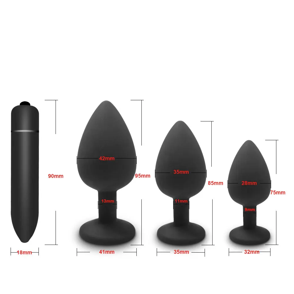 Beginner Butt Plug Soft Silicone Anal Plug Different Size with Detachable Acrylic Diamond Bullet Vibrator Sex Toy for Men Women