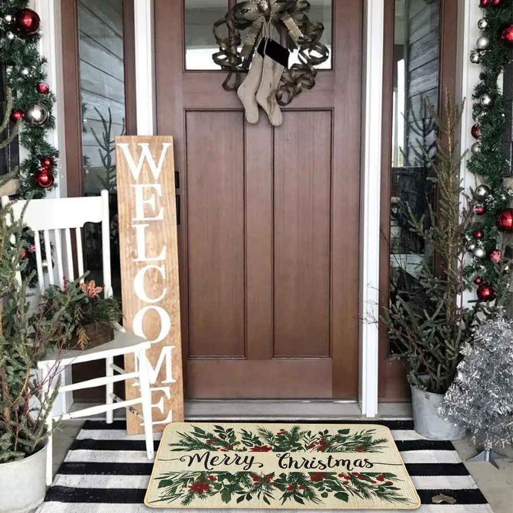 Merry Christmas Holly Berry Non-slip Door Mat Entrance Welcome Rugs Balcony Hallway Kitchen Bath Floor Mat Christmas Decorations