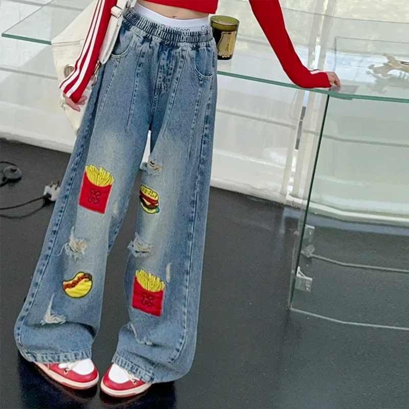 teenage girls wide leg jeans pants jazz kids clothes spring autumn chips print bell bottoms denim trousers 6 to 16 years