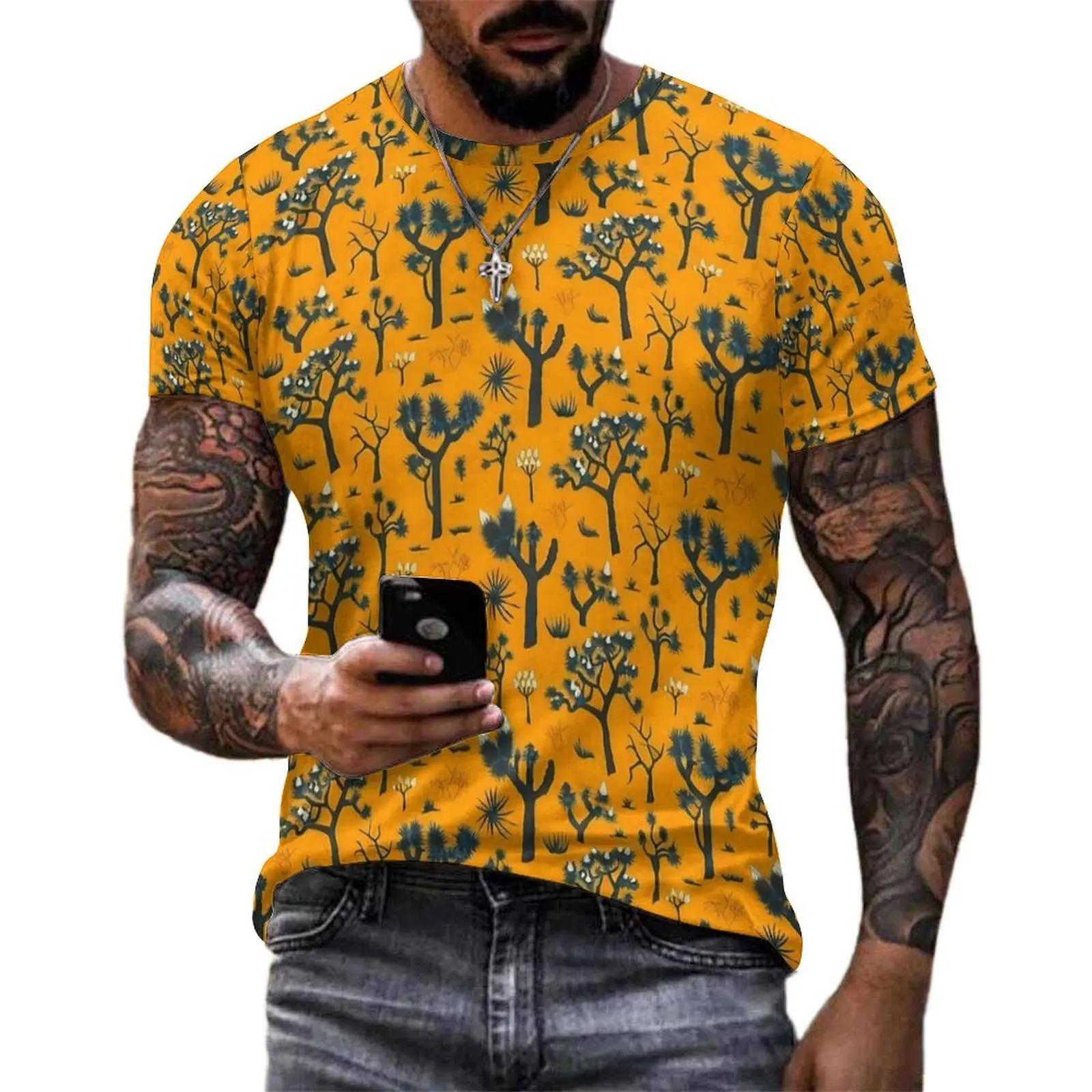 Vivid Blue Joshua Trees On Orange T-Shirt  Novelty T Shirts Male Streetwear Tshirt Original Short-Sleeve Design Tees Plus Size