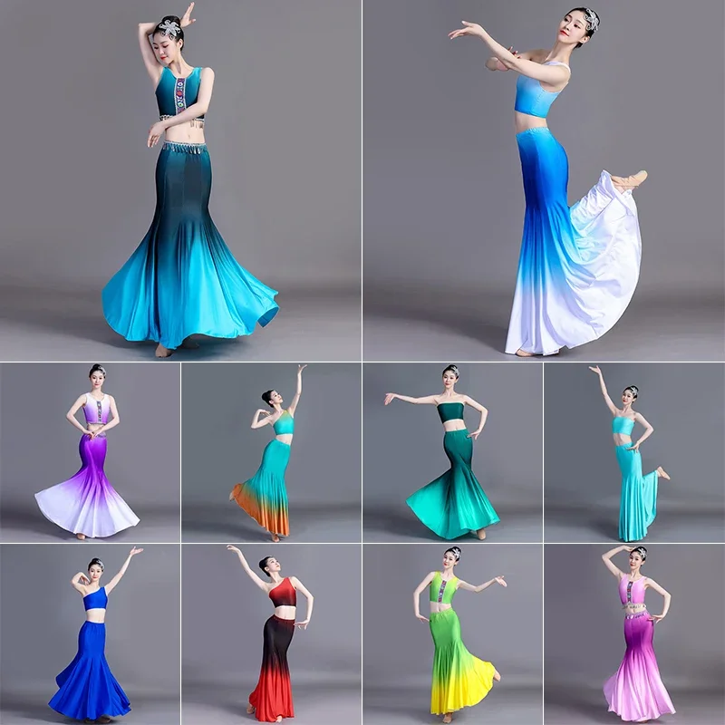 yesWomen Dai Ethnic Dance Dress Set Classical National Dance Stage Performance Costume Folk Peacock Dance Mermaid Fishtail Dress