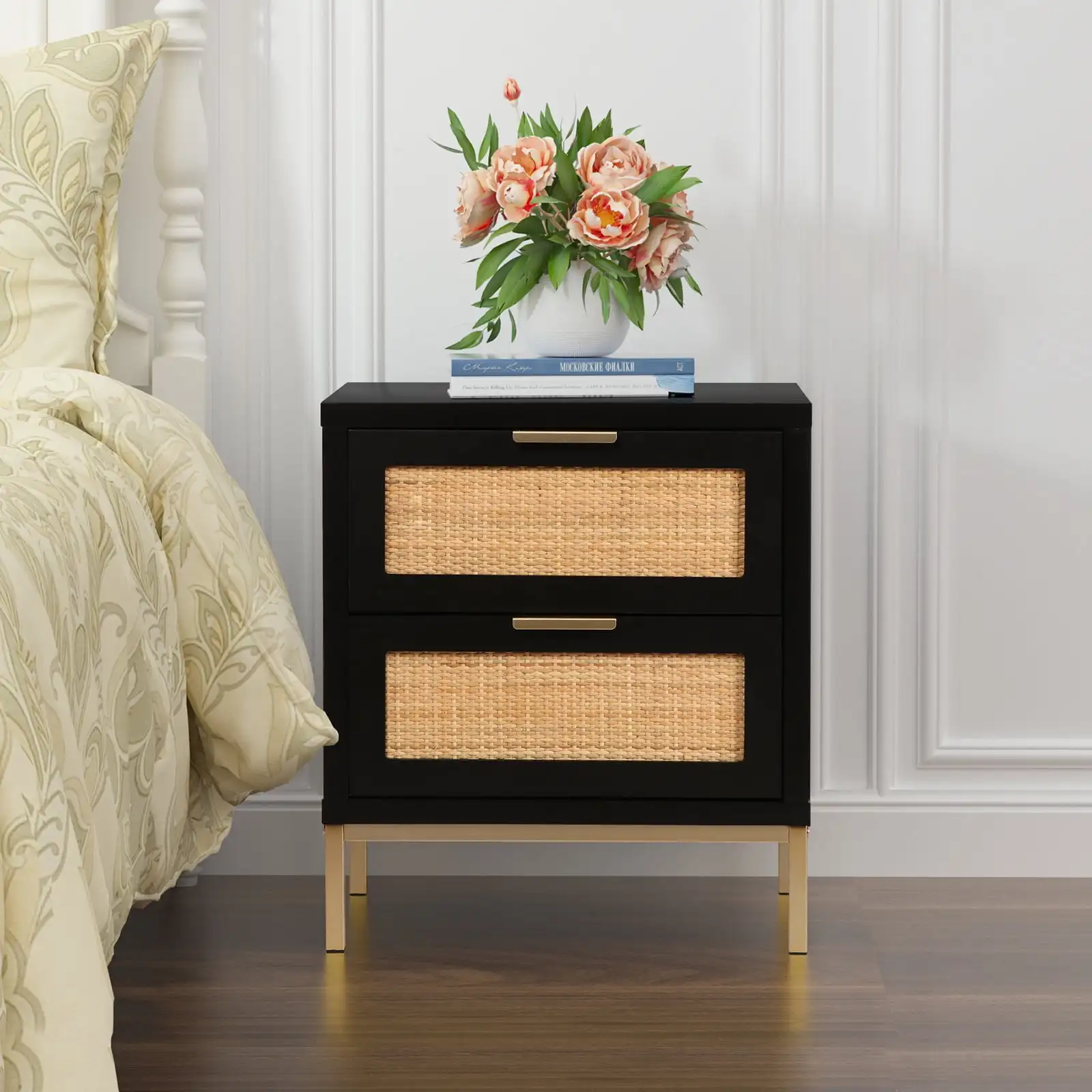 Natural Rattan 2 Drawer Nightstand Wood Storage Bedside Furniture for Bedroom Living Room Simple Sofa Side Table