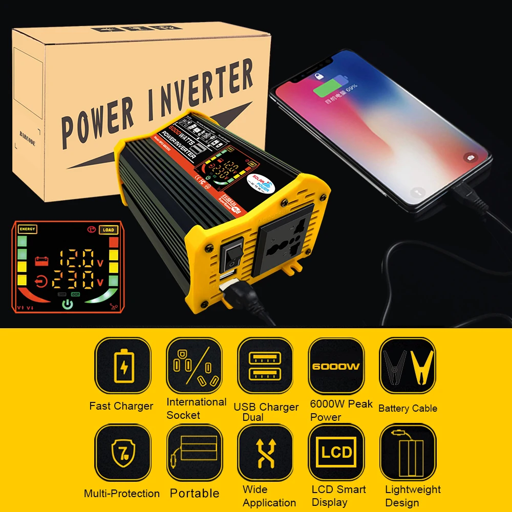 6000W 12V to AC 220V/110V Solar Power Inverters Modified Sine Wave DC USB Car Inverter LCD Display Transformer Voltage Converter