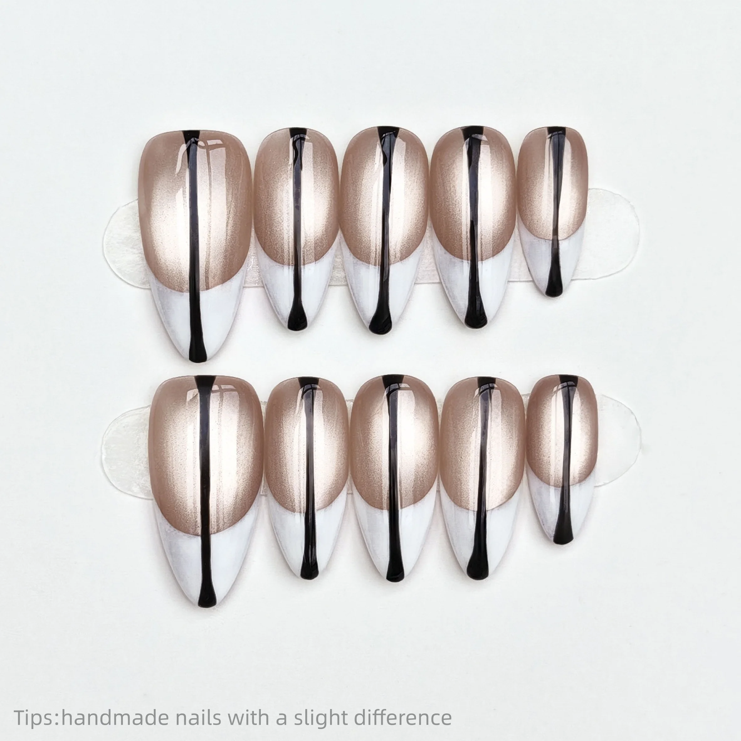

10pcs Handmade Nude White Black Line Press on Nails Almond Long Wearable Reusable Fashion False Nails 2026