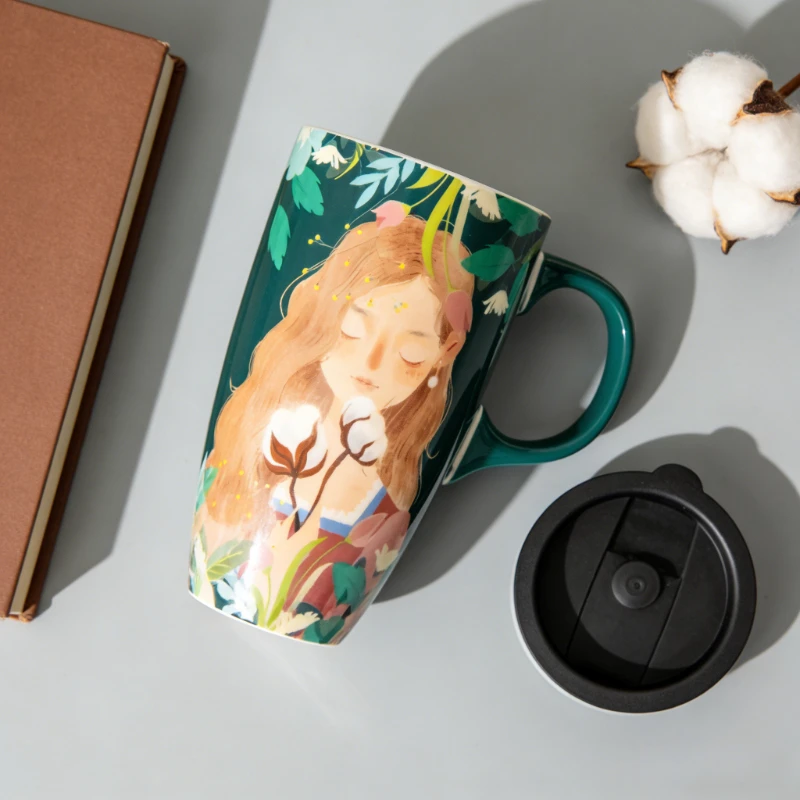 

Light Fresh Large Capacity Ceramic Mug Cute Girl Style Mug with Lid High Aesthetic Appeal Household Coffee Cups Retro Water Cups