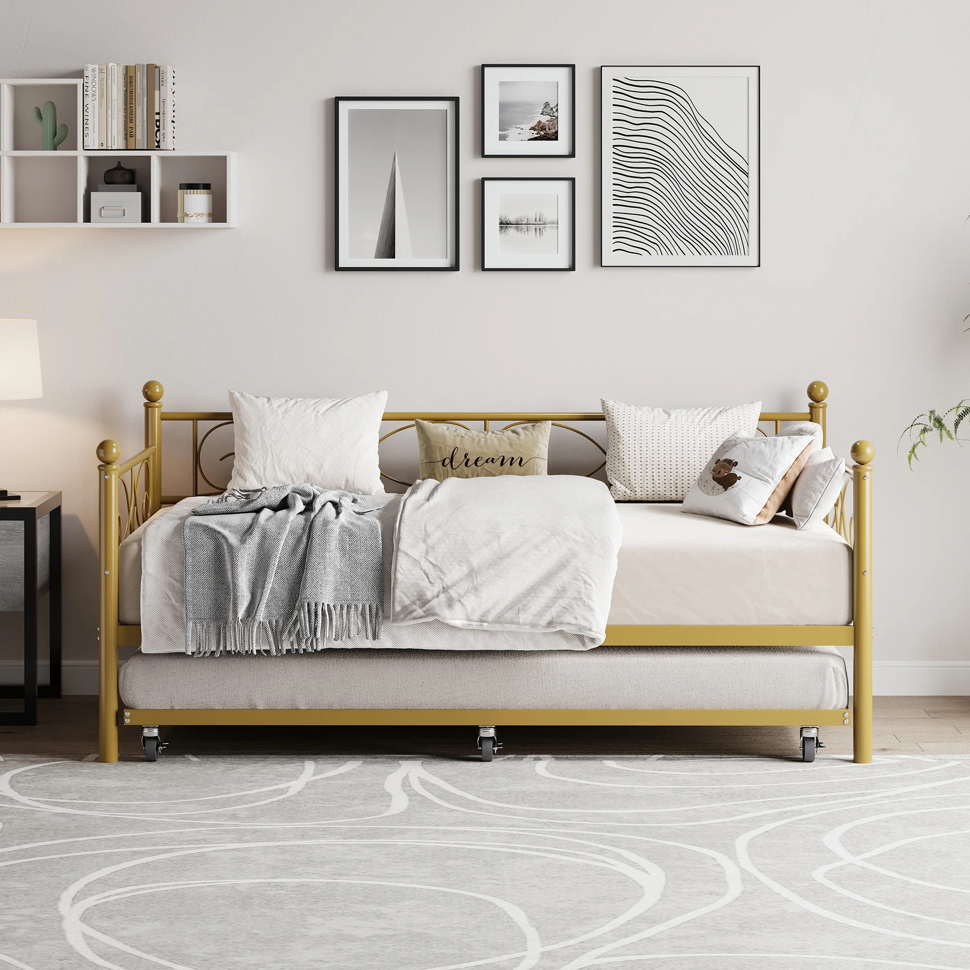 Twin Daybed Small Curved Floral Design Metal Sofa Bed Frame Gold Finish Twin Size Guest Bed Living Room Bedroom Iron Furniture Set