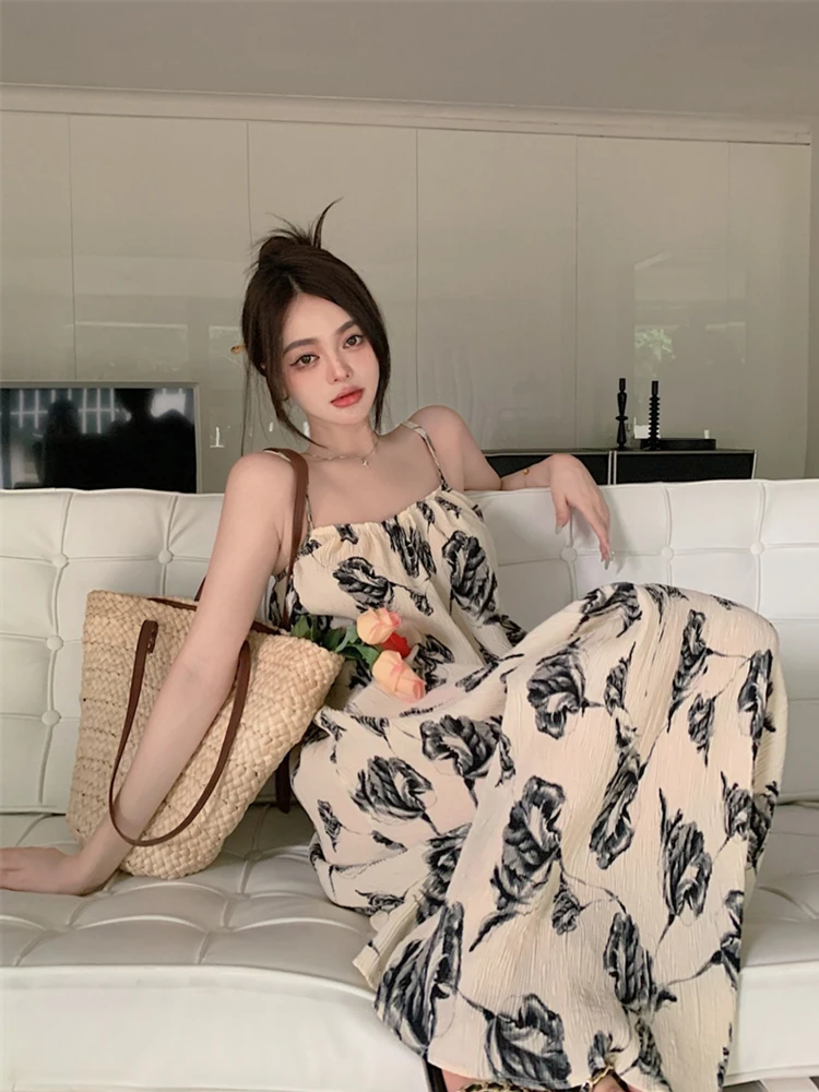 

Summer Chiffon Rose Print Back Straps Suspended Long Dress Elegant Temperament Ankle-Length Comfortable Beach Style Vestidos