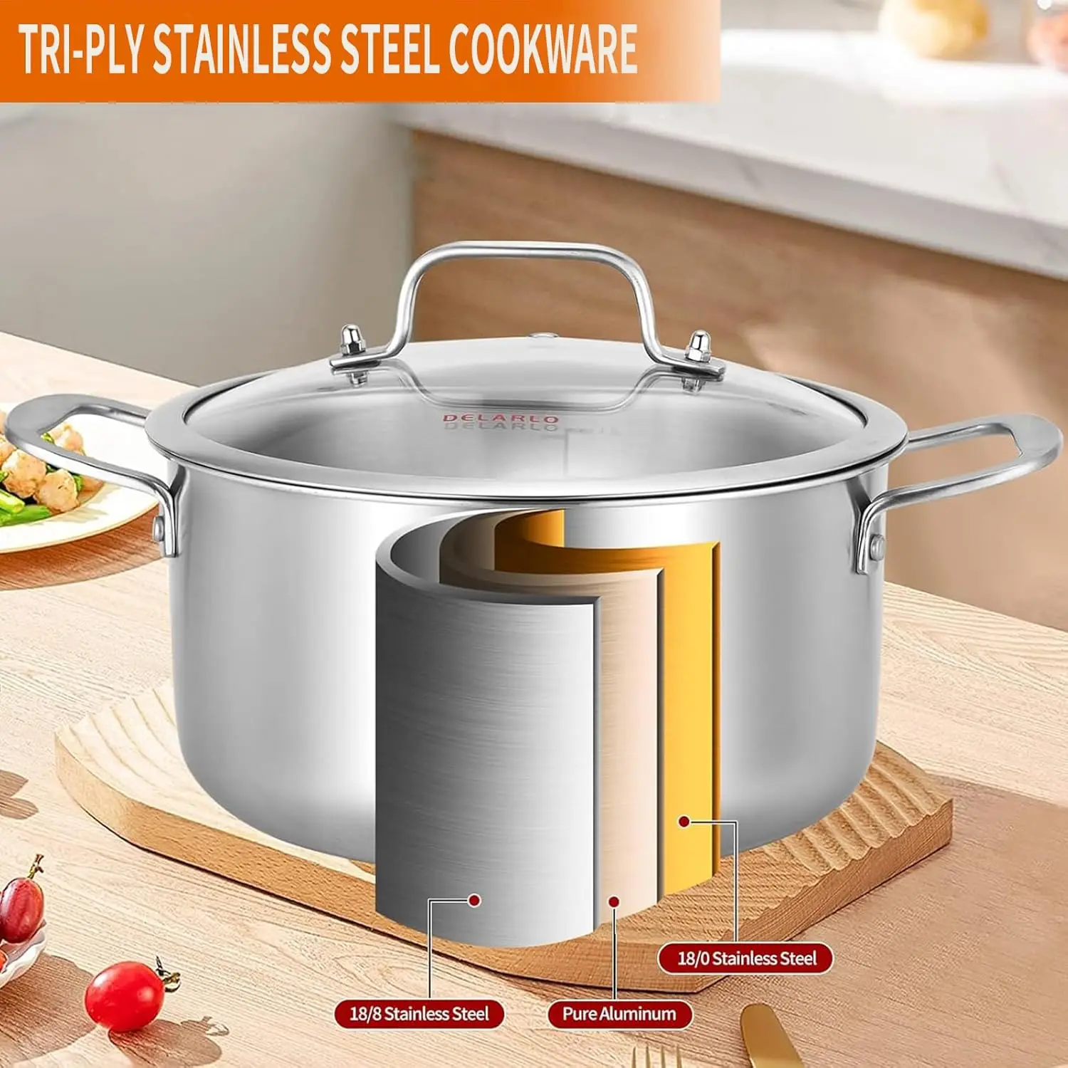 Tri-Ply Stainless Steel Stock Pot,5 Quart Pot With Lid,All Stoves Safe Up To 600℉,Saving Fuel 20%, Heavy Duty, Soup Pot with lid