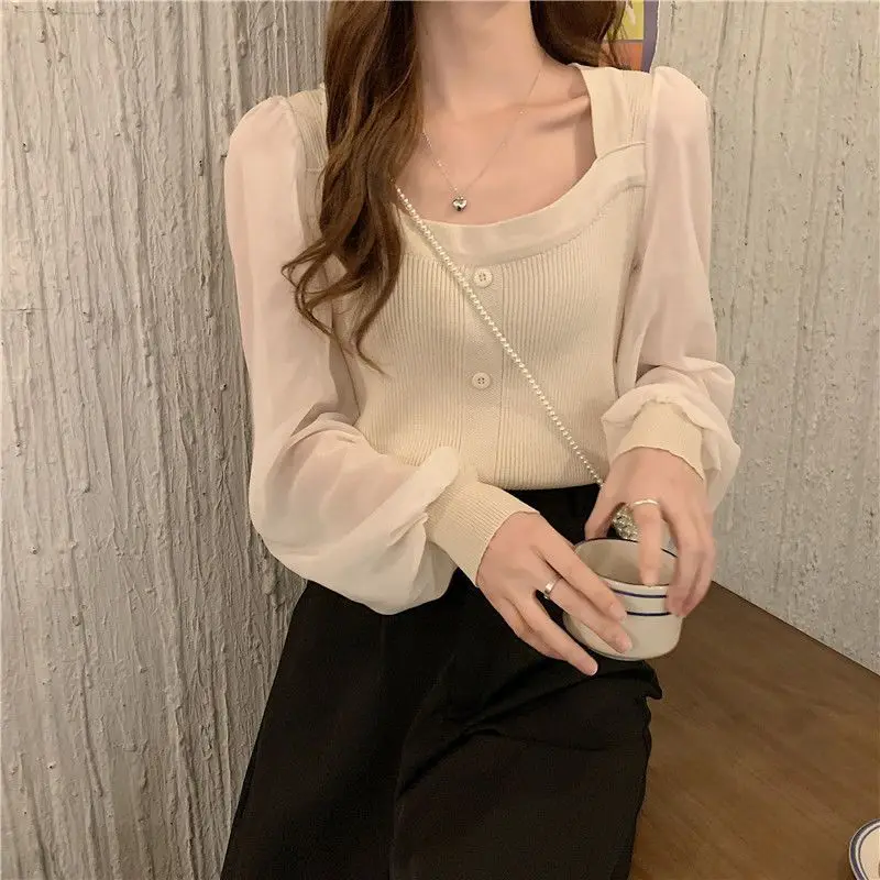 Top de punto de estilo suave para mujer, diseño Sense, primavera y otoño, nuevo cuello cuadrado corto, mangas largas