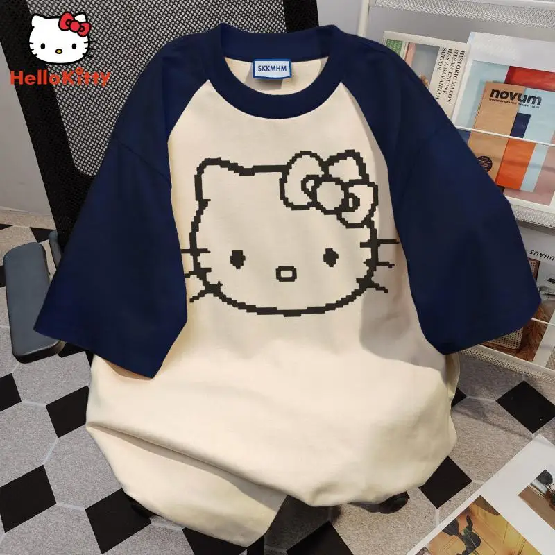 100% Cotton Japanese Cartoon Hellokitty Short Sleeves Anime Kawaii Harajuku Style Summer Loose T-Shirt Tops Couple Half Sleeves