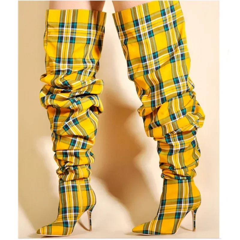 2024 Color Blocking Plaid Sexy Pointed Knee Length Runway Boots For European And American Women's Fashionable High Top Boots