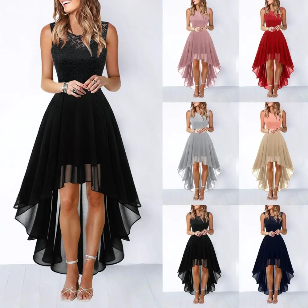 Womens Summer Midi Dress Chiffon Lace Hollow Out Slim Waist Sleeveless Elegant Evening Party Banquet Formal Wear