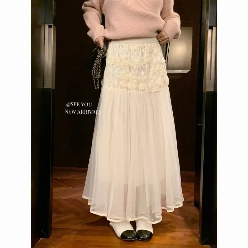 Falda larga de malla con flores en 3d para mujer, faldas de playa acampanadas de cintura alta para primavera y verano, falda de diseño dulce coreano 2025