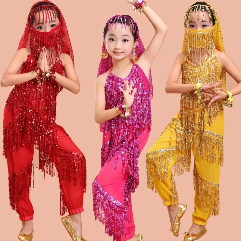 新しい子供用インド舞踊衣装、子供用新疆舞踊、女の子用ベリーダンス、子供用エスニックフリンジダンス衣装