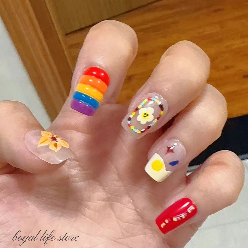 

10pcs Artist Series Handmade nail tips 3D Rainbow Bloom press on nails Fake nails Nail tips False nails Stick-on nail art
