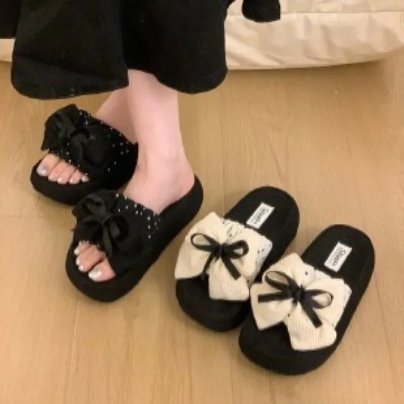 Sweet Bowknot Thick Sole Women Slippers Knit Bow Decor Polka Dot Inner WedgePlatform Open Toe SlidesSummer FashionOutdoor Ladies