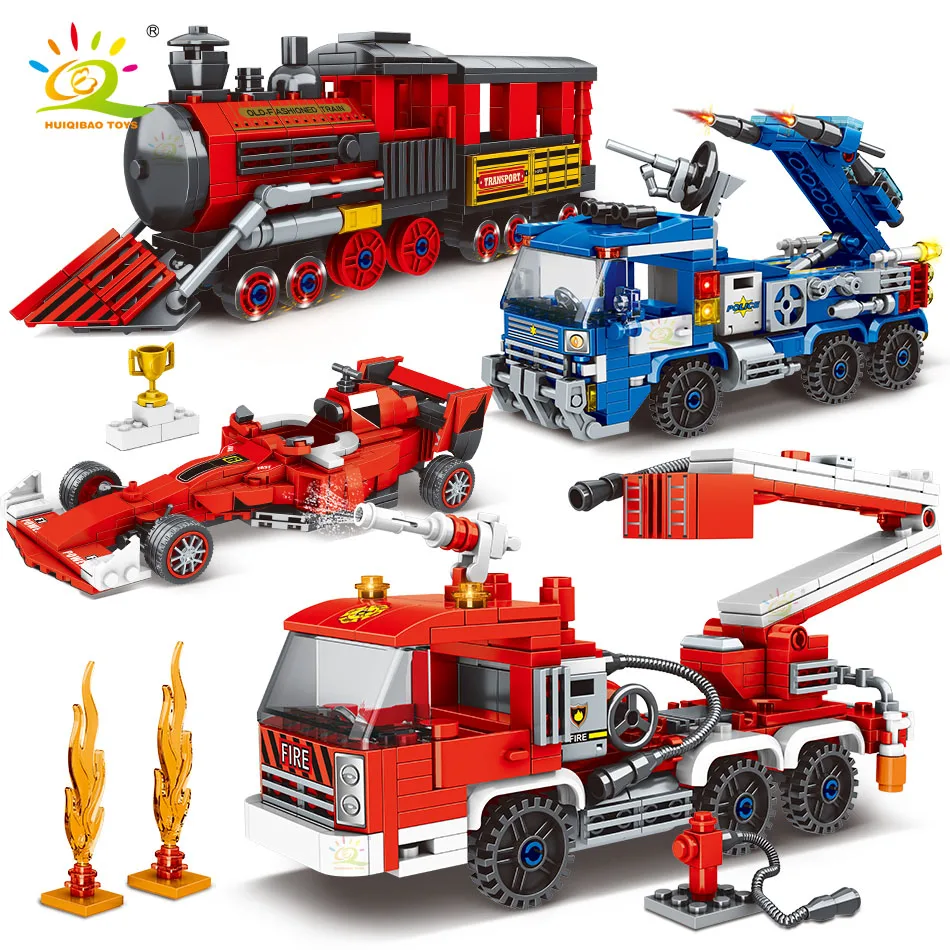 HUIQIBAO City Vehicle Model Building Blocks Fire Ladder Water Jet Truck Police Racing Car Steam Train Bricks Children Toys Boys