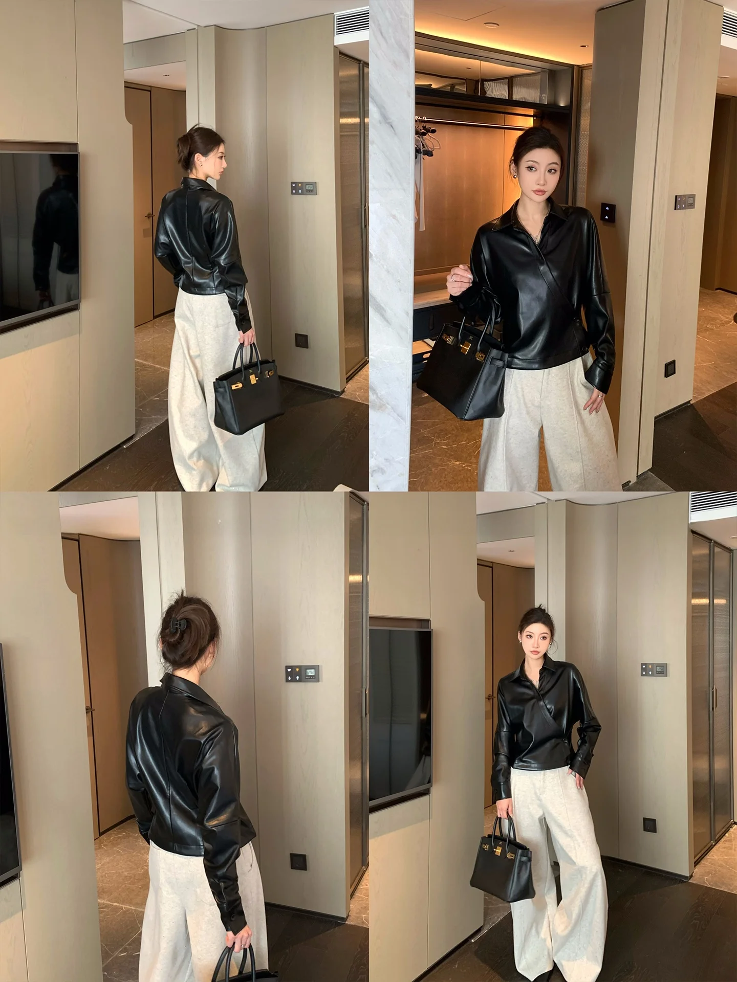 GV Big Brother Ele Preppy V-ne PU Leather irt Women's Versatile Design Sense Top Long Sve Zipper Closure Regular L...