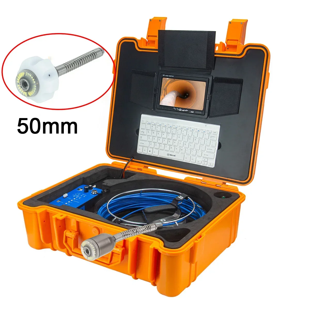 H1A Borescope Drain Sewer Pipeline Inspection System 50mm Endoscope Camara with 7/9'' Monitor Waterproof Self-level Meter Count