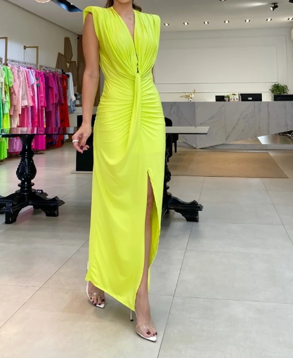 

Sexy V-Neck Fashion Waist Pleated Temperament Dress Latest 2023 Fashion Women's Best-Selling Single Color Split