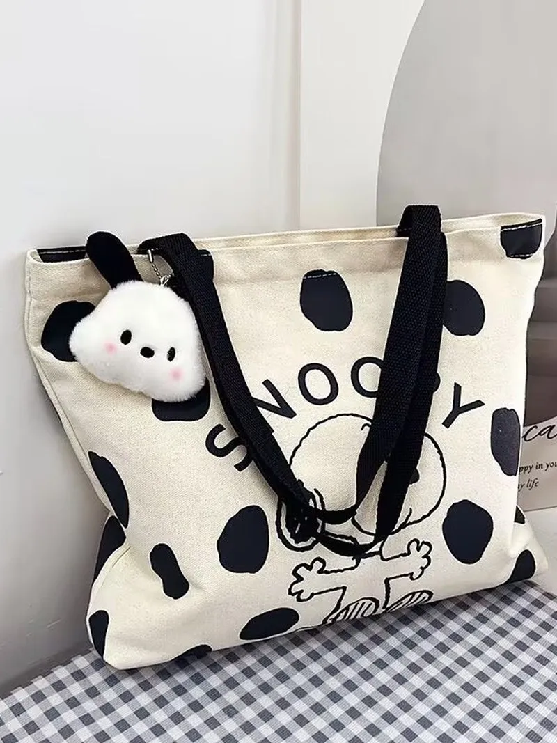 Bolsa de Ombro de Lona com Zíper do Snoopy para Mulheres, Bolsa Tote de Grande Capacidade, Bolsa Casual para Estudantes, Uso Diário, Viagem e Compras