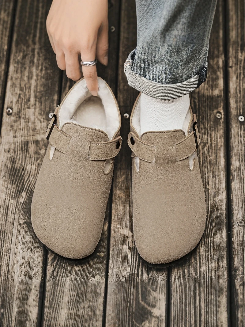 Thickened Fleece Slippers Men's Winter Home Wear Outdoor Mule Toe Covering Slip-On Warm Bken Cotton Shoes Synthetic Leather view 5