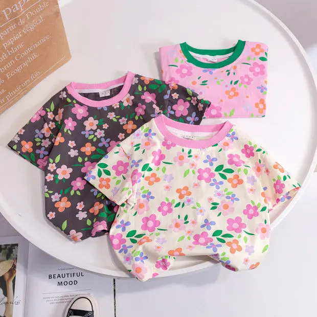 Girls' Short Sleeved T-shirt 2026 Summer Outfit New Korean Baby Stylish Floral T-shirt Girls' Top Versatile