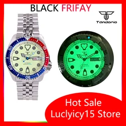 Tandorio 41mm NH36A Mechanical Men Watch 3.8 Crown Full Green Luminous Beige Dial Date/Weekday Window Jubilee Bracelet