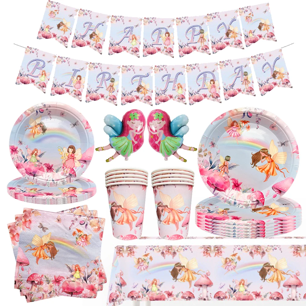 Fairy Party Disposable Tableware Tablecloth Happy Birthday Banner Flower Fairies Enchanted Forest Garden Baby Shower Decorations