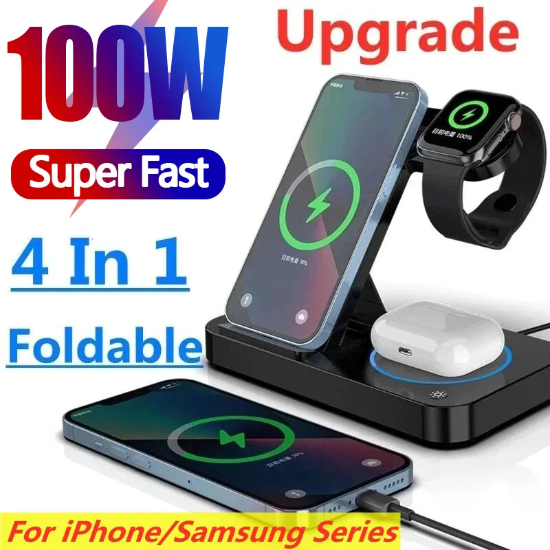 

100W 4 in 1 Wireless Charger Stand For IPhone 14 13 12 11 X Apple Samsung Watch Airpods Pro IWatch Fast Charging Dock Station