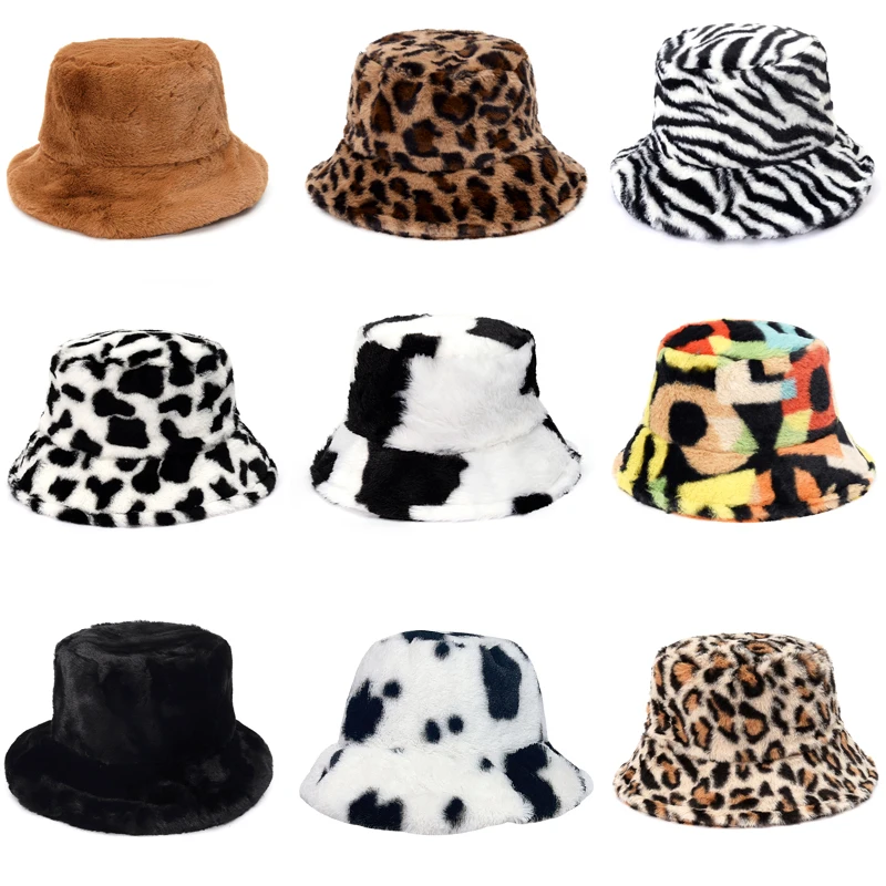 Fashion New Women Bucket Hat Retro Spring Autumn Leopard Print Faux Plush Ladies Sun Hat Velvet Furry Female Fisherman Panama