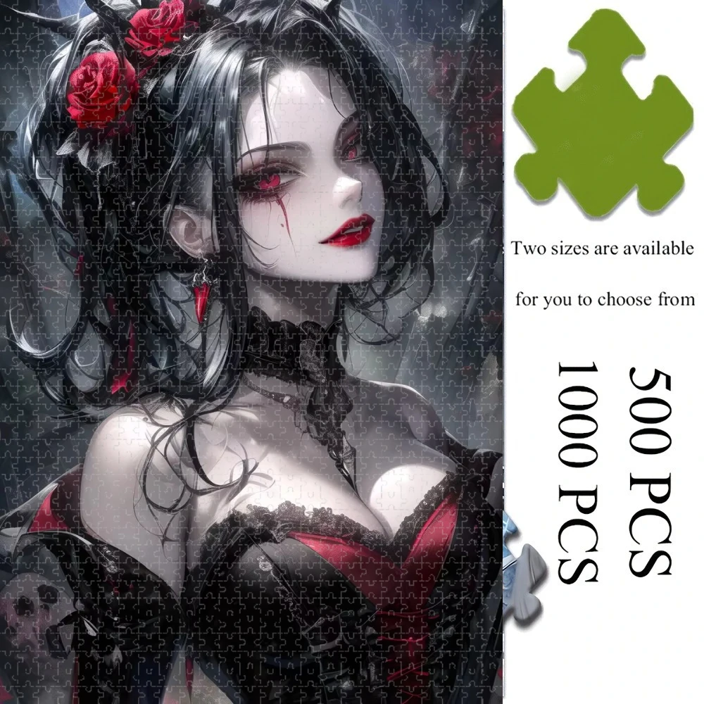 500/1000 Pcs for Adults Jigsaw Puzzle Gothic Anime Girl Challenging Large-Scale Brain Teaser with Complex Patterns