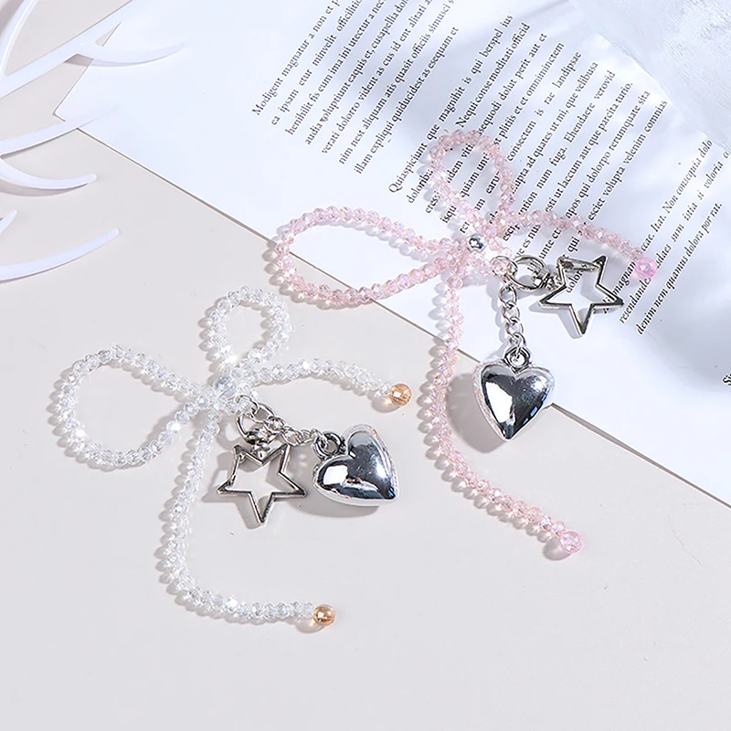 Korean Sweet Beaded Bow Heart Pendant Keychain Bag Charm Detachable Phone Lanyard Y2K Aesthetic Key Holder For Girls Bag