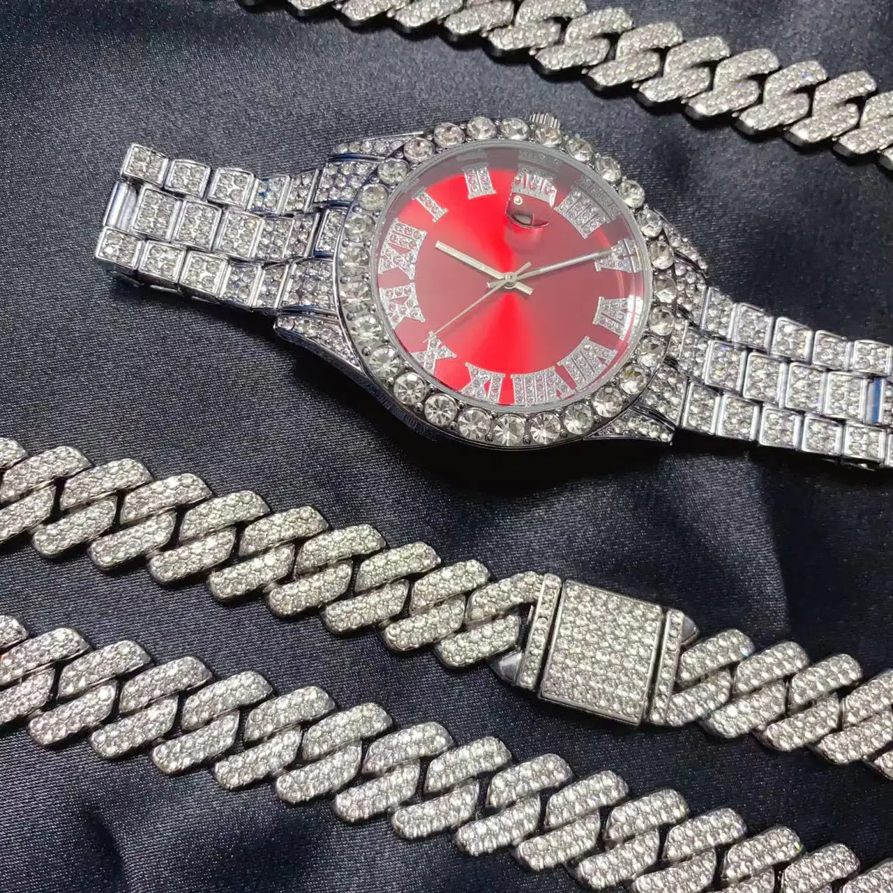 3PCS Men's Women's Hip Hop Calendar Red Dial Watch Necklace Bracelet Jewelry Set Bling Bling Gold Silver Diamond Man Cuban Chain