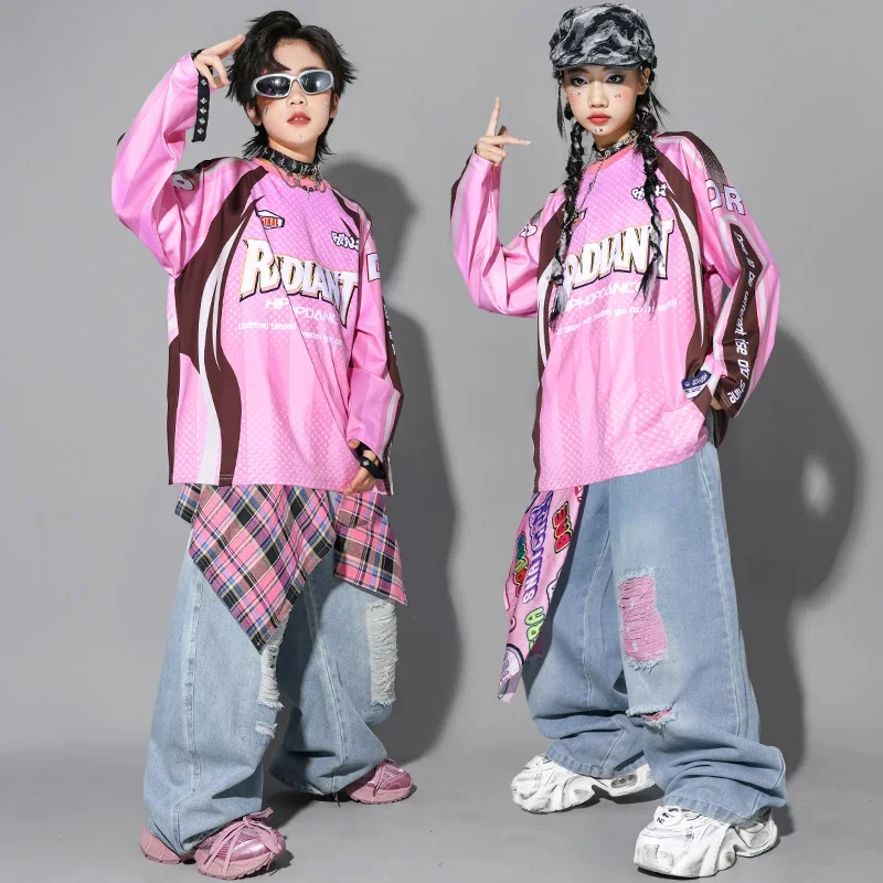 Boys Hip Hop Ripped Graffiti T-shirt Pink Vest Cargo Pants Girls K-pop Jazz Costumes Teenager Dance Clothes SetYouth Streetwear view 2