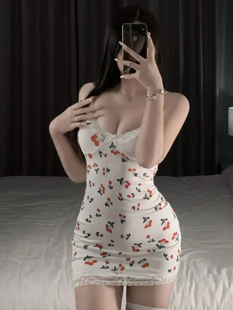 لطيف الكرز فستان زهري المرأة الصيف Bodycon فستان أنيق الكرز نمط الفرنسية الرغبة النقية نمط حزام بلا أكمام فستان HQ09