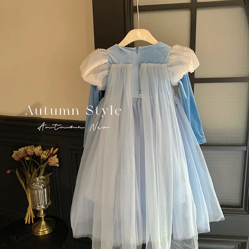 \' Luminous Princess Autumn Children Girls\' Birthday Dress Blue Puffy Tulle Skirt