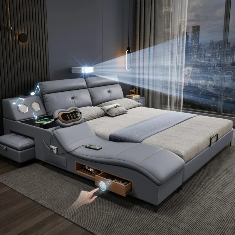 

Storage Luxury Aesthetic Bed Frame Nordic Queen Size Massaging Multifunctional King Bed Frame Leather Cama Matrimonial Furniture