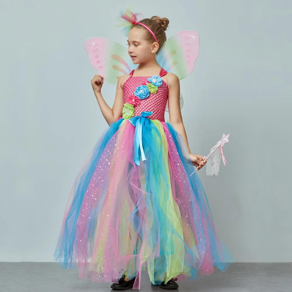 Halloween Kids Long Butterfly Floral Princess Tutu Dress Girls Soft Mesh Gown Children Bridal Attire Stage Performance Outfit
